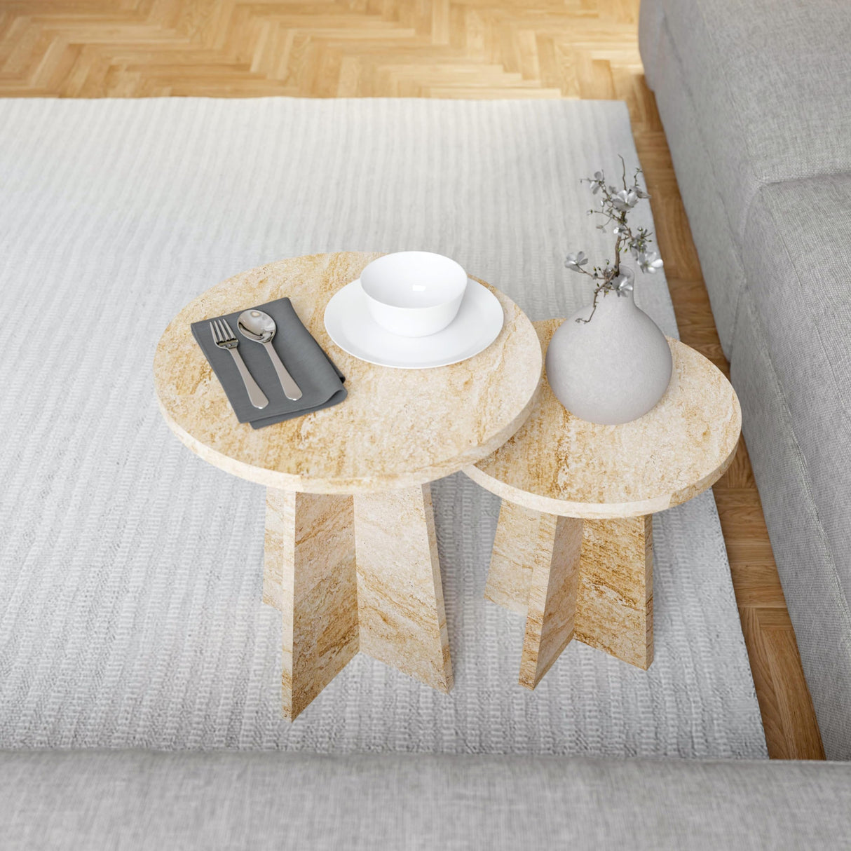 Travertine Efect Round Nesting Coffee Table Set of 2 Modern Coffee Table Small Side Table End Table for Living Room noadre