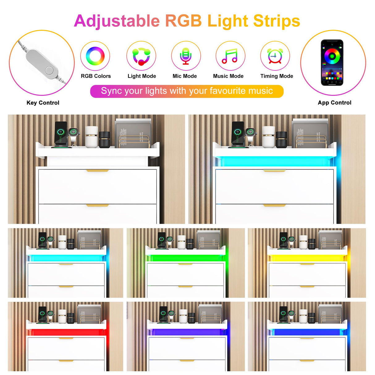 knoworld White Dresser with LED Lights, Wooden LED Dresser, 4 Drawer Chest with Charging Station, Tall Chest of Drawer Closet Organizer for Bedroom, Living Room, Entryway, Hallway knoworld
