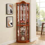 Ball & Cast 72" H Lighted Corner Curio Cabinet with Curved Top Carving,Glass Display Cabinet with 6 Tempered Adjustable Glass Shelves and Doors,Light Bulb Included, Rack for Liquor Storage,Oak Ball & Cast
