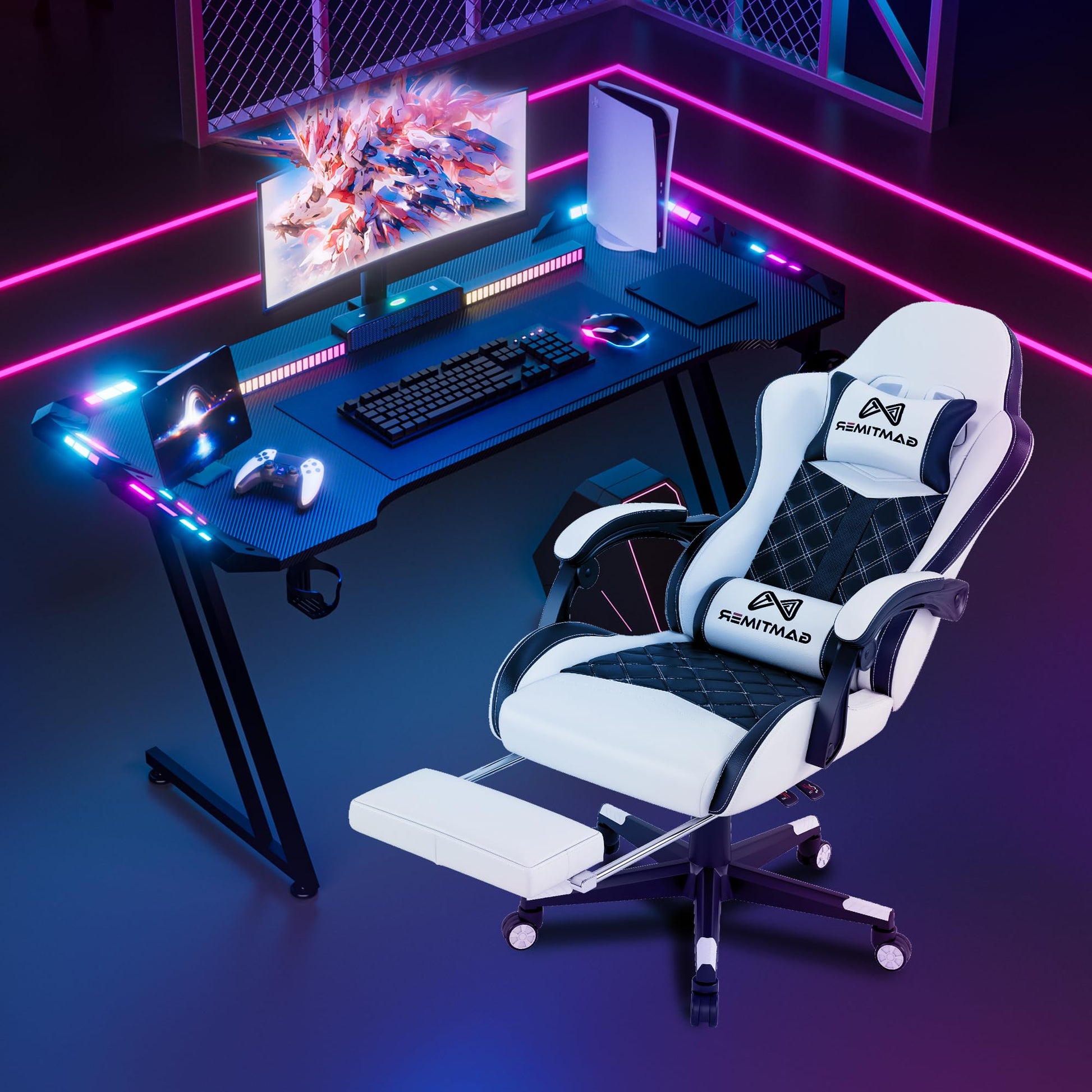 Gamtimer Gaming Desk with LED Lights,63 inch Carbon Fiber Surface RGB Gaming Computer Table, 384 Color Mode with Remote Control, Cup Holder and Headphone Hook - Black - WoodArtSupply