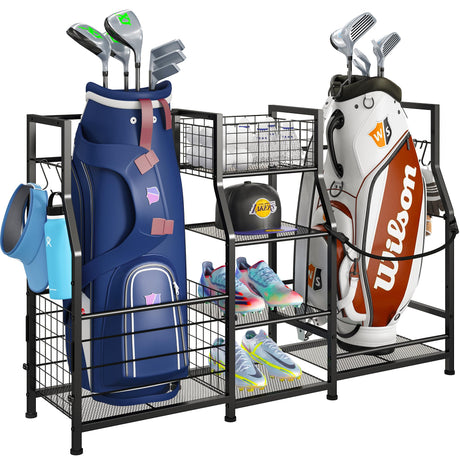 Sports Equipment Organizer Golf Bag Stand Golf Storage Organizer for Garage with Basket and Hooks, Storage Rack for 2 Golf Bag,Two Assembly Methods Sonyabecca