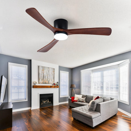 HUMHOLD 52" Wood Ceiling Fan with Lights Remote, Reversible DC Motor 6-Speed Ceiling Fan, 3 Blades Low Profile Flush Mount Ceiling Fans, Modern Ceilingfans for Low Profile, Walnut and Matte Black HUMHOLD
