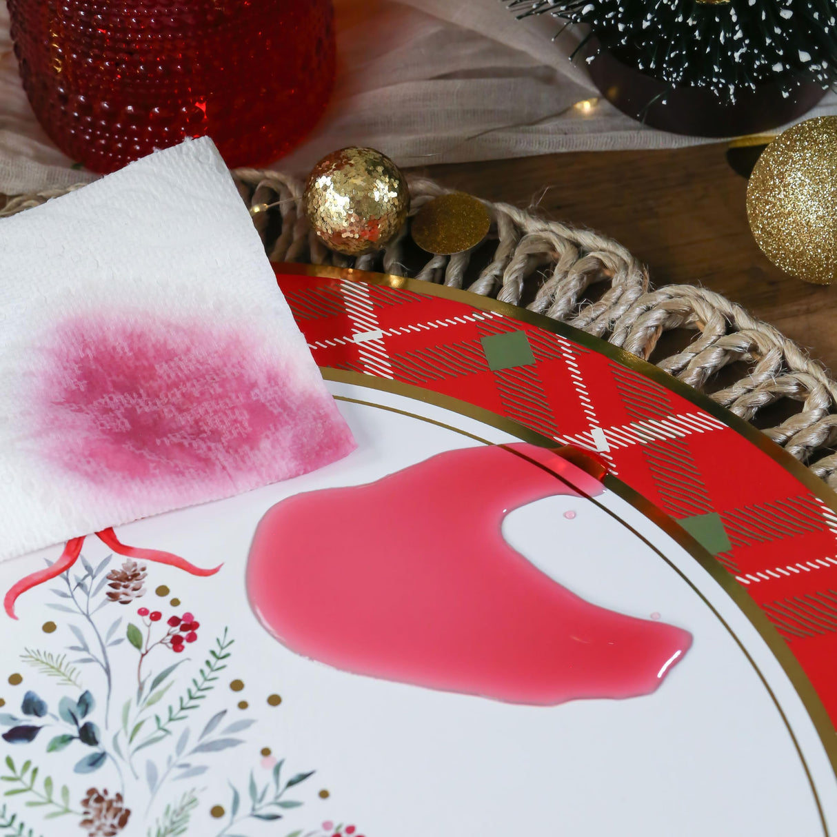 Kate Aspen 13" Disposable Holiday Placemats/Chargers, 24-Pack – Spillproof & Durable Merry & Bright Christmas Tree Design & Festive Red & Green Plaid Border Kate Aspen