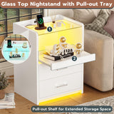 VIAGDO White Nightstand with Charging Station and LED Lights, 2 Drawers LED Night Stand with Tempered Glass Tabletop, Modern End Side Tables with Pull-Out Tray, Open Storage Bedside Tables VIAGDO