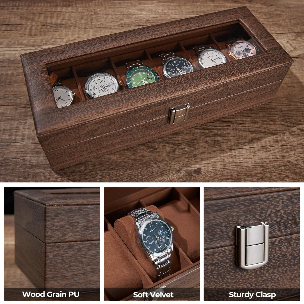 Ohuhu Watch Case, Watch Organizer for Men Wood Grain PU Leather - 6 Slot Watch Holder Real Glass Lid Jewelry Organizer Storage Soft Velvet Watch Display Case for Women Men Birthday Fathers Day Ohuhu