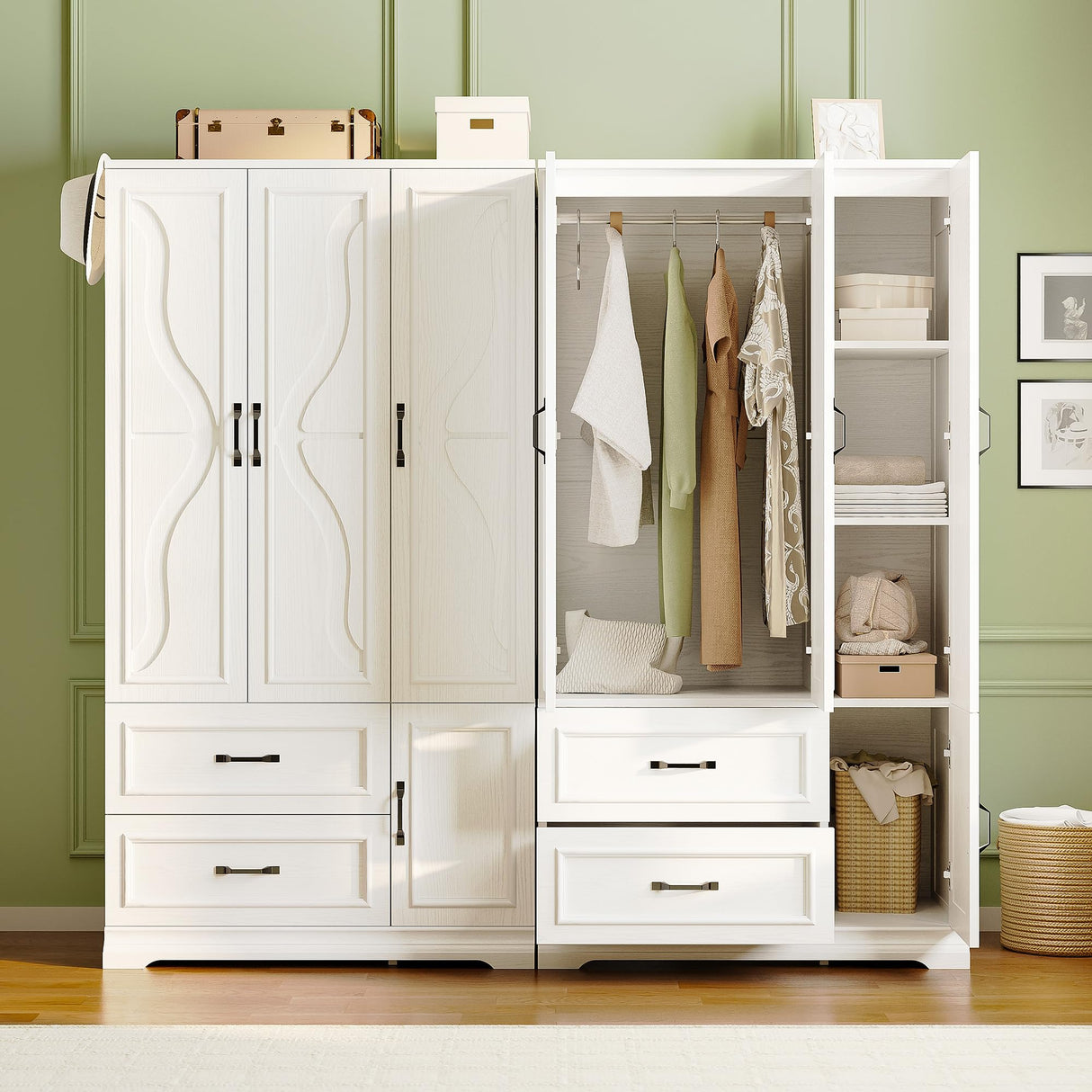 LIKIMIO Armoire Wardrobe Closet with 4 Doors and Drawers, Wardrobe Cabinet with Storage Shelves and Side Hooks, Clothing Storage Cabinet for Bedroom, White LIKIMIO