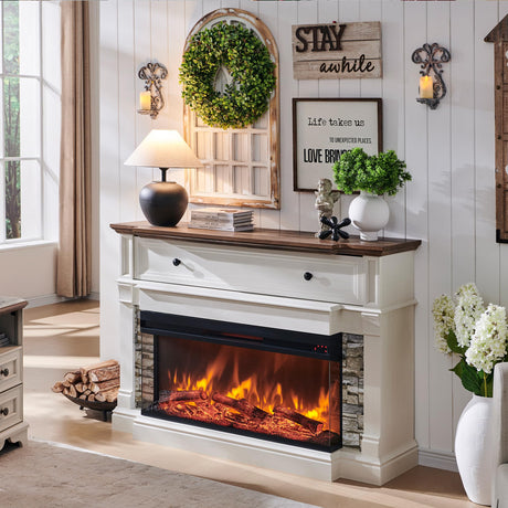 OKD 52" Electric Fireplace with Mantel, Freestanding Fireplace Heater TV Stand with 36" 3-Side Glass Insert for TVs Up to 65" with Storage Cabinet for Living Room, Antique White OKD