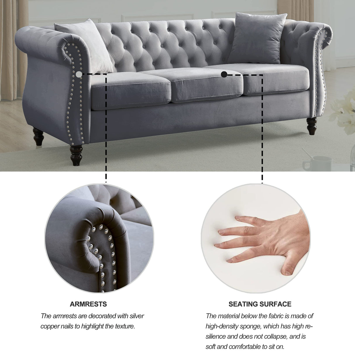 KEIKI Chesterfield Sofa, Retro Style Upholstered 3 Seater Velvet Couch with Rolled Arm for Living Room Bedroom Office Apartment, Grey KEIKI