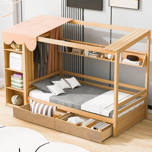 Harper & Bright Designs Twin Canopy Bed with 2 Storage Drawers & Wardrobe, Wood Twin Daybed Frame, Modern 4 Poster Bed, Twin Platform Bed with Shelf, No Box Spring Needed (Natural)