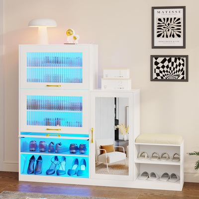 LVSOMT Modern Shoe Storage Cabinet with Shoe Bench, Freestanding Rack with Mirror, LED Light, & Charging Ports, Hidden Organizer, Large Wooden Cabinet for Entryway (White)