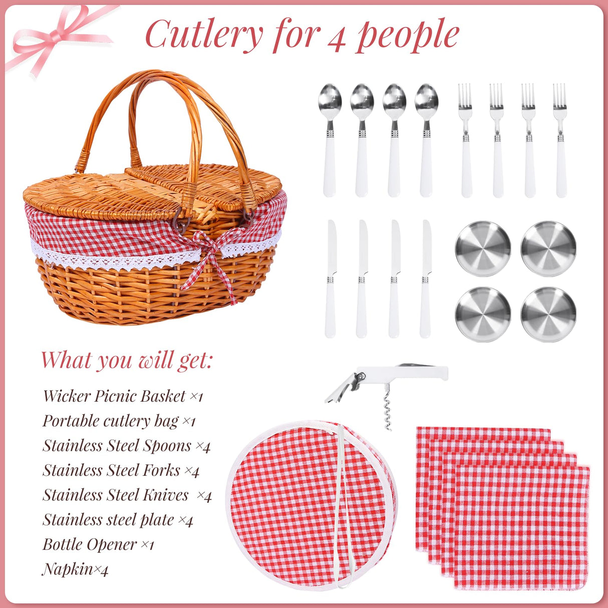 HYBDAMAI Wicker Picnic Basket Set for 4 with Lid and Handle Picnic Hamper with Washable Lining and Cutlery Set for Outdoor, Camping, Halloween, Christmas, and Birthday HYBDAMAI