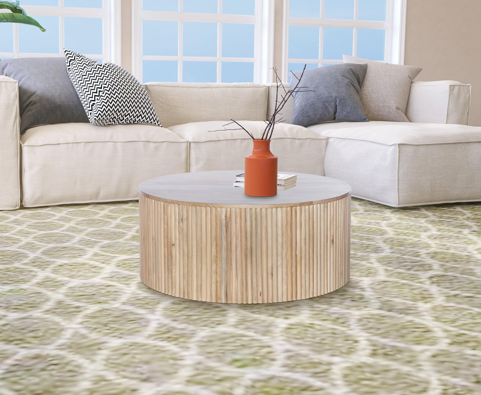 Meridian Furniture Oakhill Collection Modern | Contemporary Round White Oak Finish Coffee Table, 36" W x 36" D x 16" H, Brown - WoodArtSupply