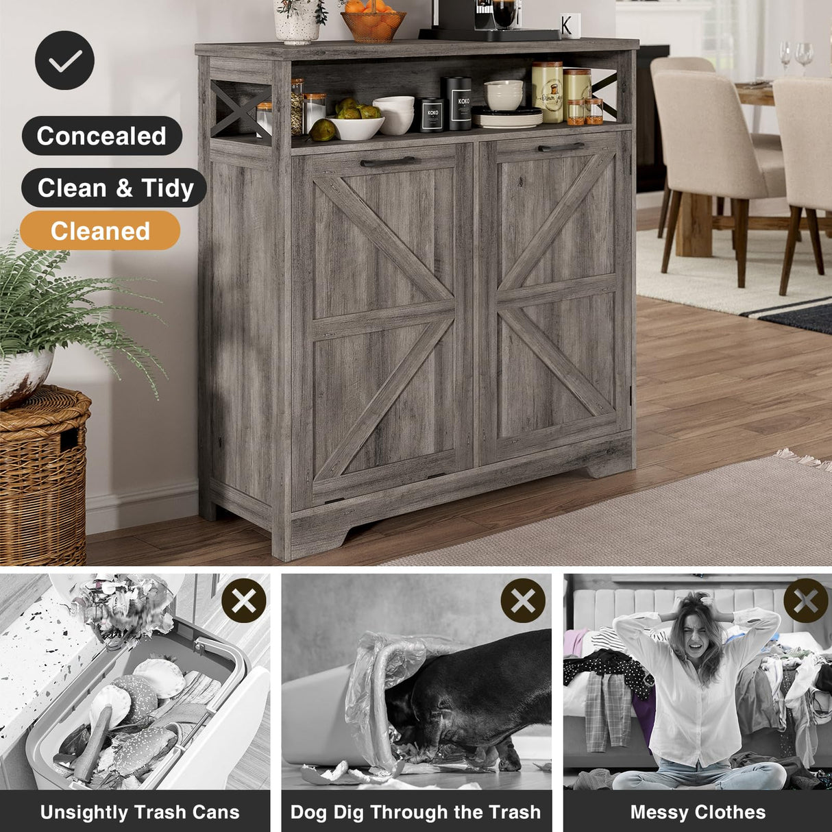 Befrases Tilt Out Trash Can Cabinet for 13 * 1 Gallon Trash Can, Farmhouse Kitchen Island Cabinet with Adjustable Shelf for Hidden Laundry Basket, Dog Proof Garbage Can for Dining Living Room, Grey Befrases