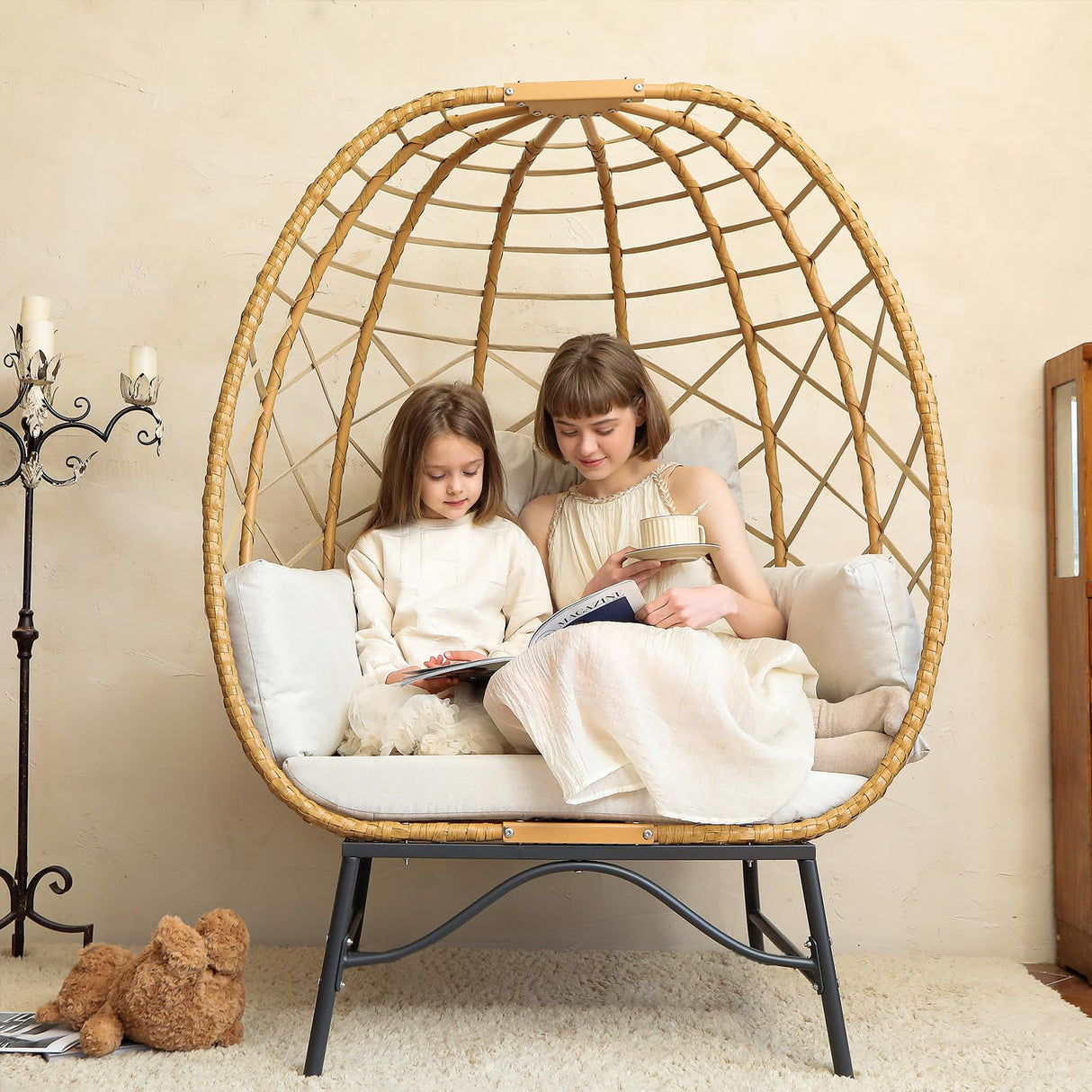 SWITTE Wicker Egg Chair Outdoor Indoor, Oversized Rattan Patio Lounge Chairs with Cushion for Backyard, Living Room, Steel Frame, 480lb Capacity-Cream SWITTE