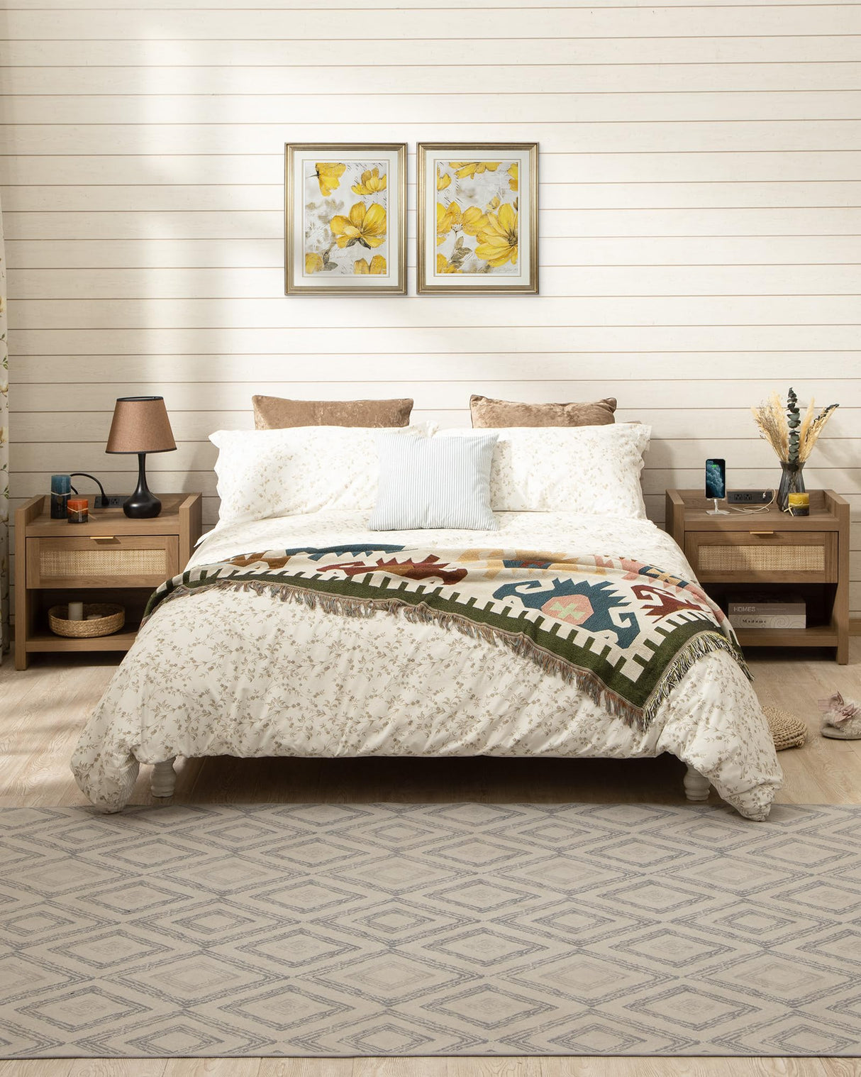 SICOTAS Night Stand Set of 2 Nightstands - Rattan Bed Side Table with Type-C Charging Station, Drawer Storage End Table - Boho Bedside Stand Night Stands for Bedroom - Natural Oak SICOTAS