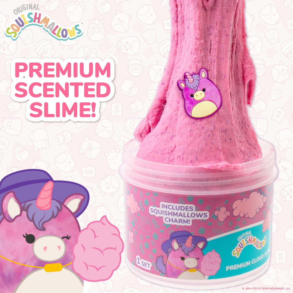 Original Squishmallows Lola The Unicorn Premium Scented Slime, Cotton Candy Scented, 8 oz. Fluffy with 2 Fun Add Ins, Pre-Made Slime for Kids, Great 6 Year Old Toys, Super Squishy Toy Squishmallows