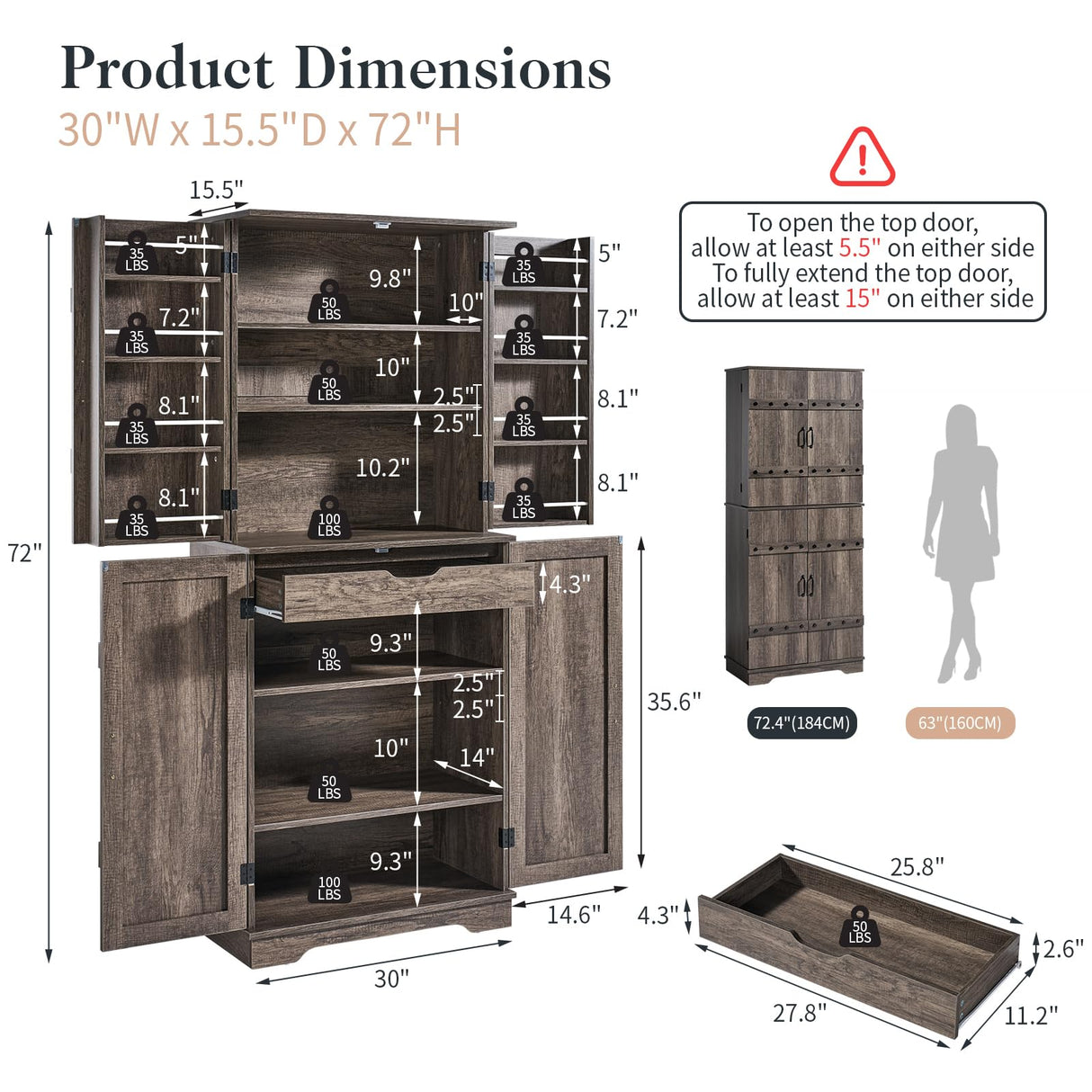 LUXOAK 72" Tall Farmhouse Kitchen Pantry with Rivet Barn Doors, Rustic Wood Cupboard Storage Cabinet/w Drawer & Adjustable Shelves for Dining Living Room, Bathroom & Hallway, Rustic Gray LUXOAK