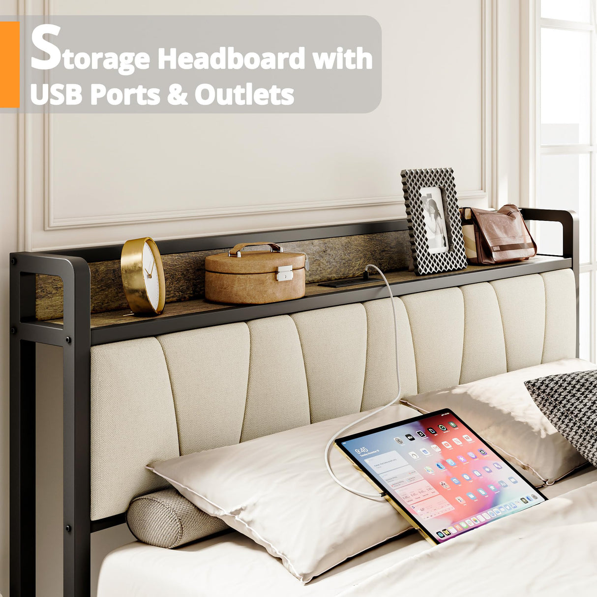 LIKIMIO Queen Bed Frame, Storage Headboard with Charging Station, Solid and Stable, Noise Free, No Box Spring Needed, Easy Assembly (Walnut and Beige) LIKIMIO