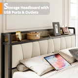 LIKIMIO Queen Bed Frame, Storage Headboard with Charging Station, Solid and Stable, Noise Free, No Box Spring Needed, Easy Assembly (Walnut and Beige) LIKIMIO