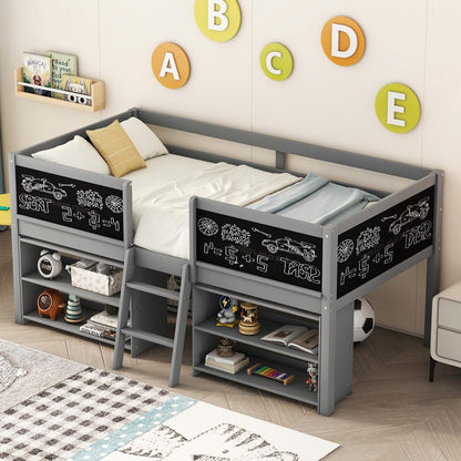 Bellemave Twin Low Loft Bed with Movable Shelves, Chalkboard, and Storage - Gray - WoodArtSupply