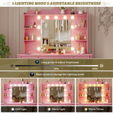 Vlsrka Vanity Desk with Large Mirror and Lights, 43.3" Makeup Vanity Desk with Charging Station and 6 Drawers, Makeup Dressing Table with Storage Stool for Bedroom (Pink) Vlsrka