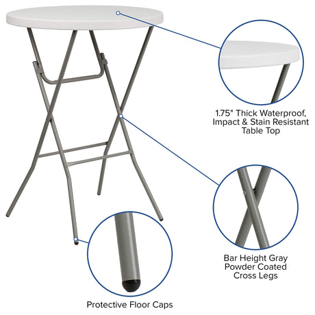 Flash Furniture Kathryn 2.63' Round Folding Bar Height Table for Parties and Commercial Events, Indoor/Outdoor Plastic Bar Height Folding Table, White Flash Furniture