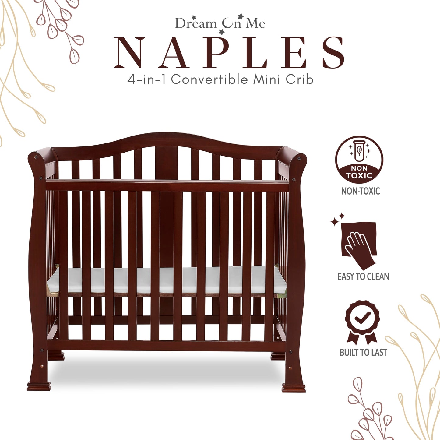 Dream On Me Addison 4-in-1 Convertible Mini Crib in Espresso, Greenguard Gold Certified, Non-Toxic Finishes, Built of New Zealand Pinewood, Comes with 1” Mattress Pad