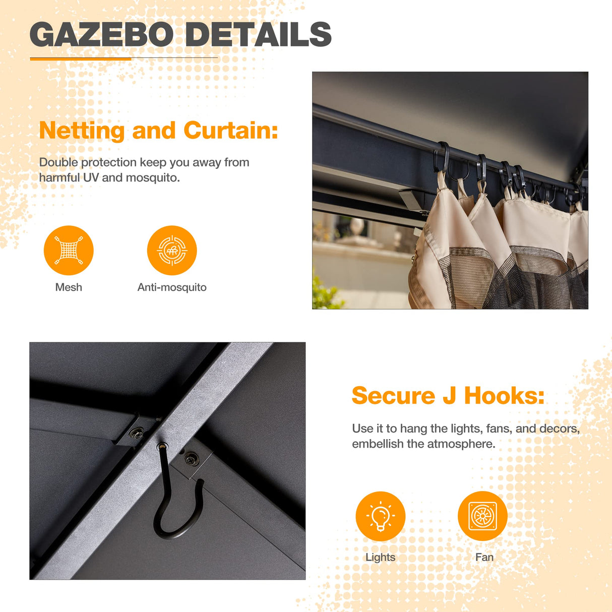 MELLCOM 12 x 14 FT Iron Hardtop Gazebo, Double Roof Gazebo with Curtains and Netting, Waterproof Canopy Gazebo with Anti-Rust Coating Frame for Patios, Lawns, Gardens, and Backyard MELLCOM