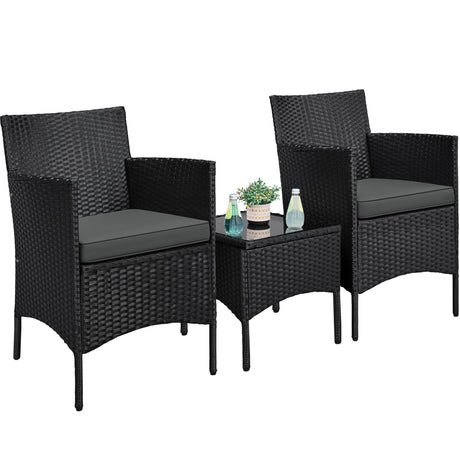 Yaheetech 3 Pieces Patio Conversation Set, Outdoor Rattan Bistro Furniture, 2 Chairs with Cushions & 1 Side Table for Bistro/Porch/Garden/Deck/Courtyard, Black/Gray Yaheetech