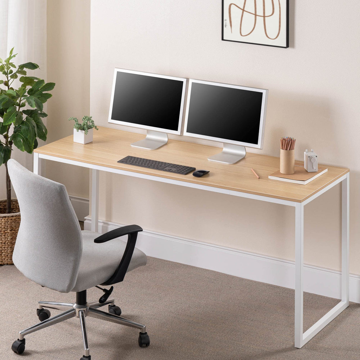 ZINUS Jennifer 63 Inch White Frame Desk, Computer Workstation, Office Desk, Easy Assembly, Natural Zinus