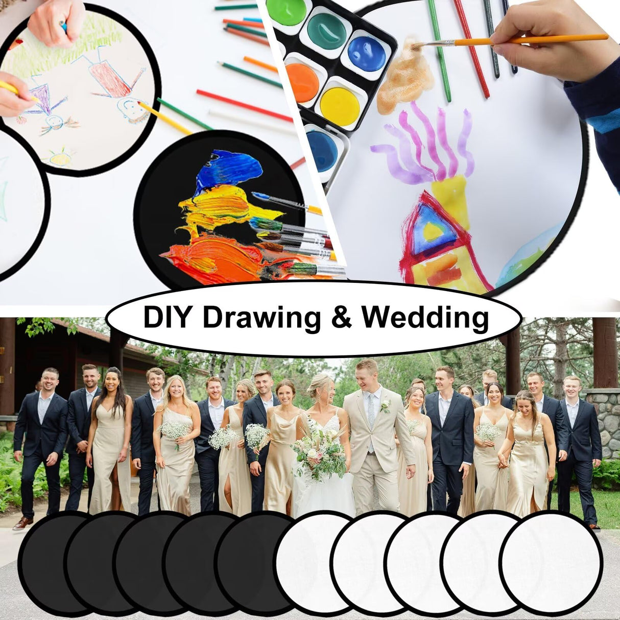 YEAHACLUB 50PCS Foldable Flying Disc Fans with Bags, 9.8'' DIY Handheld Black Egde Fabric Folding Fan for Outdoor Game Activities Birthday Party Favors End of Year Student Gifts, White YEAHACLUB