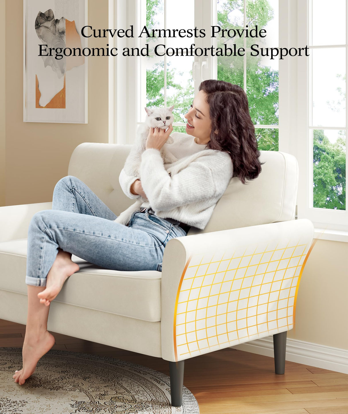 Kidirect 48" Loveseat Sofa, Small Couch for Bedroom, Comfy Love Seat with 21in Extra Deep Seats, 2 Seats Sofa Couch for Small Spaces, Apartment, Tool-Free Setup Mini Couch, Beige White Velvet Couch Kidirect