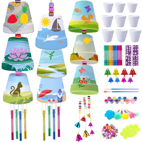 FULAIERGD 3 Pack Wind Chime Making Kit for Kids- Wind Chime Craft Painting Kit-Ceramic Pot, Bells, Stencils and Beads DIY Crafts Gifts for End of Year Student, Christmas, Birthday, Summer Decor FULAIERGD