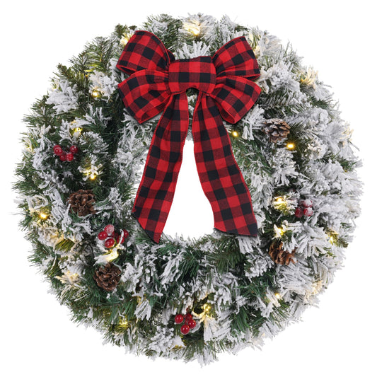 Christmas Wreath for Front Door, DECSPAS 24 Inch 2 FT Prelit Snowy Flocked Christmas Wreaths with Timer 30 LED Lights Bow Red Berries Pine Cones, Christmas Door Decorations for Home Outdoor Indoor