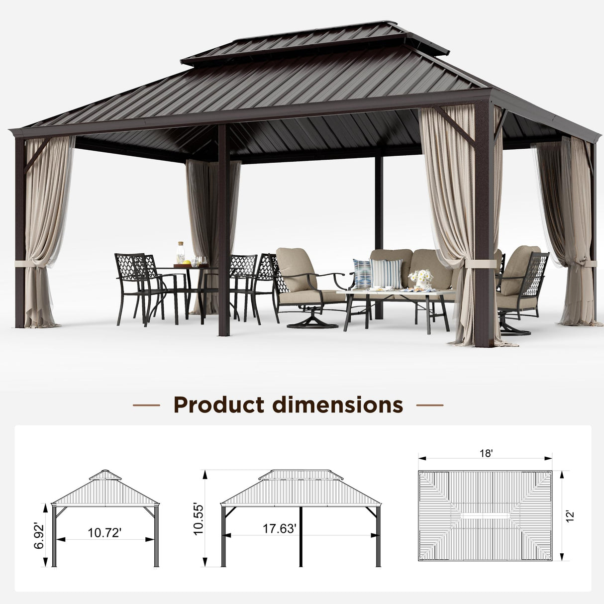 GREEN PARTY 12 X 18ft Hardtop Gazebo with Nettings and Curtains, Heavy Duty Double Roof Galvanized Steel, Outdoor Aluminum Gazebos Pergolas for Patios, Backyard, Deck, Garden, Lawns GREEN PARTY