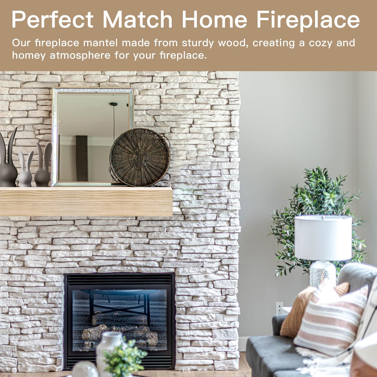 POPRHINO Fireplace Mantel Shelve, Solid Wood Baked Finish Wall-Mounted Floating Shelf for Over Fireplace, Handcrafted Floating Fireplace Mantels with Wooden Bracket, 60 x 8 x 6 Inches, Natural POPRHINO