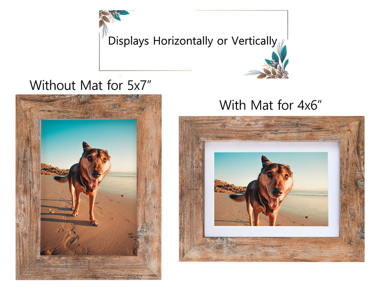 Califortree Rustic Brown 5x7 Picture Frame - Display Photos 4x6 with Mat or 5x7 Without Mat - HD Glass Inside, Wall and Tabletop - Set of 2 Califortree