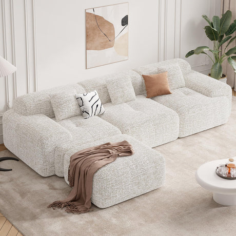 122" Modern L Shaped Modular Sectional Sofa, Boneless Couches for Living Room with Ottoman,4 Seater Convertible Chenille Cloud Couch Sofa Set, No Assembly Required, Beige 1 PCS Luxanimarion
