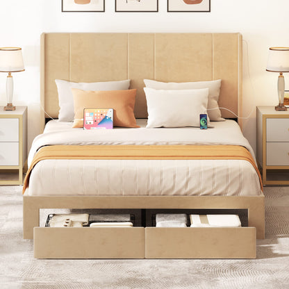 YITAHOME Queen Size Upholstered Platform Bed Frame with Storage Drawers and USB Charging Stations, Beige - WoodArtSupply