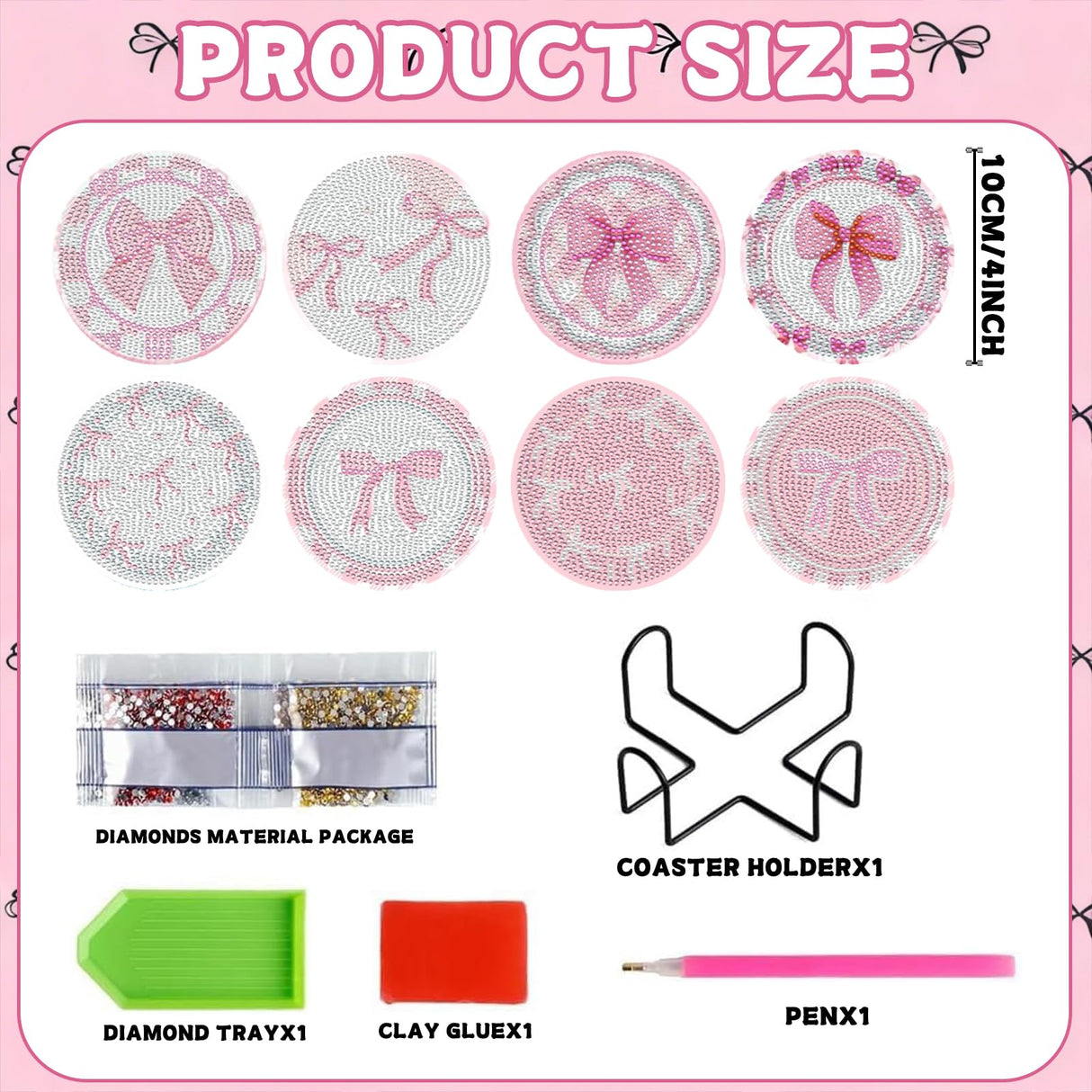 8 Pcs Diamond Painting Coasters,Diamond Painting Kits,Pink Bow Diamond Art Coasters,5D DIY Full Drill Diamond Dots,Gem Art Kits for Adults Arts and Crafts Supplies VDESFUEBY