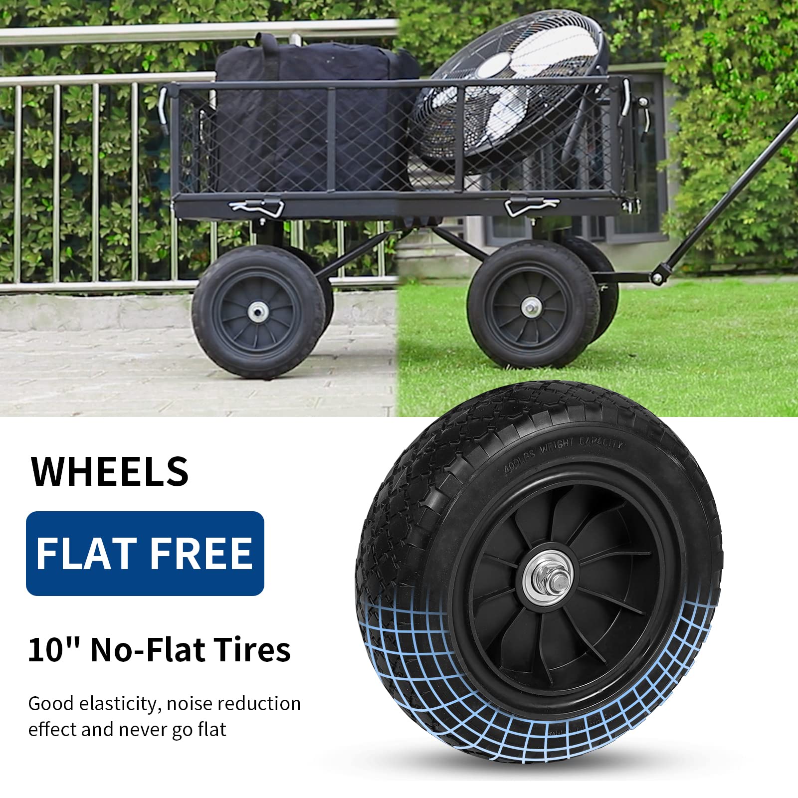 BILT HARD 400 lbs 10" Flat Free Tires Steel Garden Cart with 180° Rotating Handle and Removable Sides, 4 Cu.Ft Capacity Utility Heavy Duty Garden Carts and Wagons - WoodArtSupply