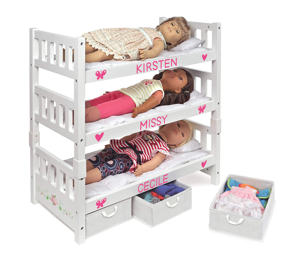 Badger Basket 1-2-3 Convertible Doll Bunk Bed with Bedding and Storage Baskets – Elegant White and Rose Design for 18 to 20-Inch Dolls Badger Basket