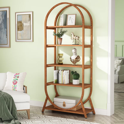 Tribesigns 5-Tier Modern Arched Bookshelf with Bright Brown Finish, 70.8" Tall Freestanding Display Rack for Home & Office - WoodArtSupply