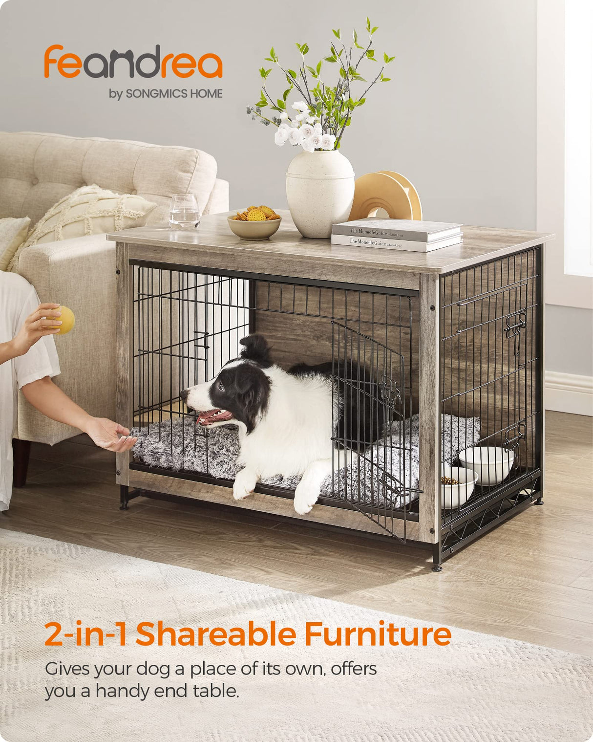 Feandrea Dog Crate Furniture, Side End Table, Modern Kennel for Dogs Indoor up to 70 lb, Heavy-Duty Dog Cage with Multi-Purpose Removable Tray, Double-Door Dog House, Greige UPFC003G01 Feandrea