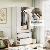 71.7 " Wardrobe Armoire Wooden Closet with 2 Doors and 3 Drawer, Bedroom Armoire with Hanging Rod Shelf, Large Capacity Storage Wardrobe Armoire, Freestanding Wooden Closet Storage Cabinet White TOKSOM