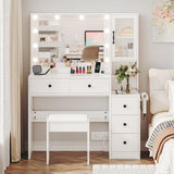 Makeup Vanity with Lights & Charging Station, White Vanity Table with 5 Drawers & Open Storage Shelves, Vanity Desk with Mirror & Lights, Dressing Table Set, Bedroom Makeup Table Set Black Handle TOKSOM