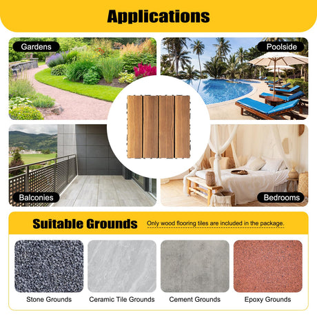 36pcs Hardwood Interlocking Patio Deck Tiles, 12"x12" All Weather Balcony DIY Flooring Tiles Acacia Waterproof Wood Flooring Tiles Portable Snap Click Together Patio Tiles for Indoor or Outdoor use DDYOOK