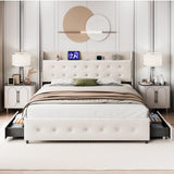 IDEALHOUSE Full Size Bed Frame with Storage Headboard, Velvet Upholstered Platform Bed Frame with 4 Storage Drawers, Built in Charging Station, Wooden Slats Support/No Box Spring Needed, White IDEALHOUSE