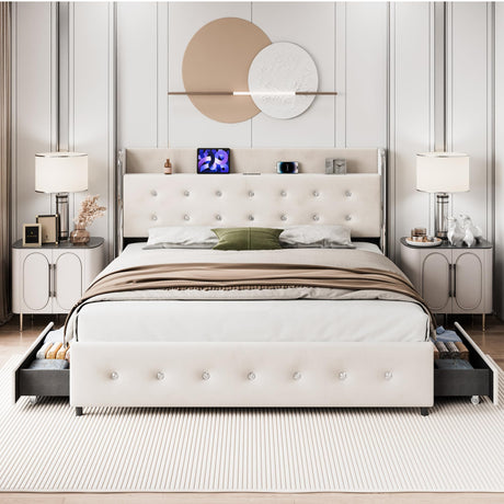 IDEALHOUSE Full Size Bed Frame with Storage Headboard, Velvet Upholstered Platform Bed Frame with 4 Storage Drawers, Built in Charging Station, Wooden Slats Support/No Box Spring Needed, White IDEALHOUSE