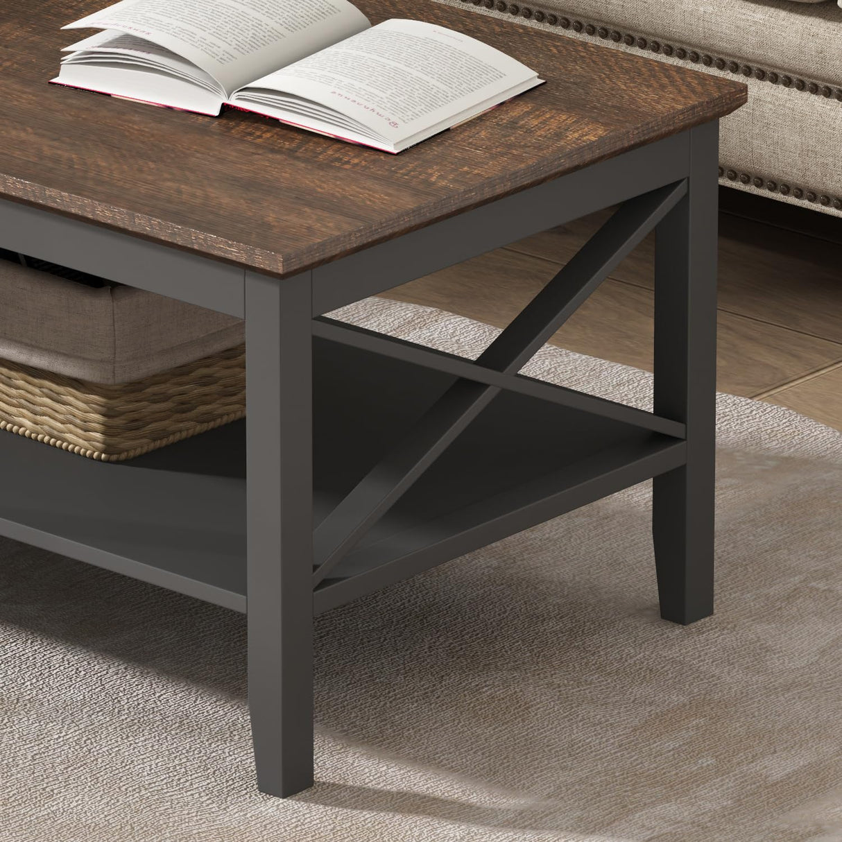 ChooChoo Oxford Coffee Table, Wooden Coffee Table with Thicker Legs, Black Coffee Table with Storage for Living Room ChooChoo